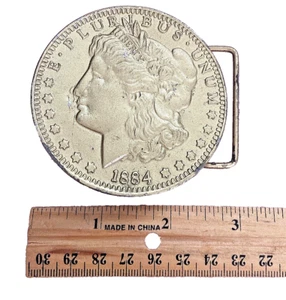 Morgan Silver Dollar Head Belt Buckle, ~2" Loop, Gold Painted Metal, Vintage - Picture 1 of 4