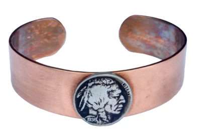 Pure copper Men bracelet authentic 1936 Buffalo Indian Nickel coin adjustable - Image 1 of 4