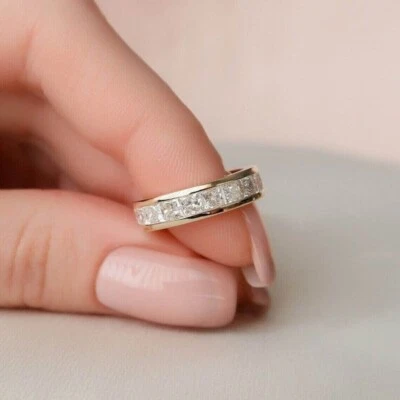 2 Ct Princess Cut Certified Lab Grown Diamond Ring Eternity Band 14k Yellow Gold - Image 1 of 4
