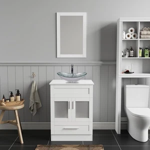 24\" Badezimmer Waschtisch mit Gefäß Waschbecken Unterschrank Wasserhahn Abfluss Set Hartglas - Bild 1 von 9