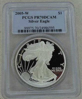 2005-W Proof Silver Eagle Dollar PCGS PR 70 DCAM US Mint $1 Milk Spots - Image 1 of 2