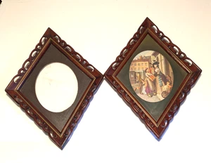 Vintage Pair Diamond Shaped Solid Wood w Open Work Frames Oval Insert 19" - Picture 1 of 12