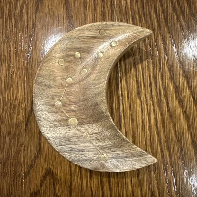 Matr Boomie Jyotisha Crescent Moon Jewelry Tray Trinket Dish - Wood, Brass Inlay - Image 1 of 2