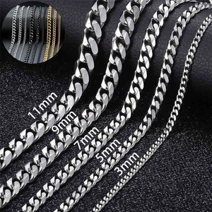Necklace Womens Mens 16-36" 3/5/7/9/11mm Chain Cuban Curb Stainless Steel Silver - Picture 1 of 4