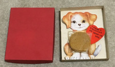 Vntg Valentine Puppy Dog w/ Bath Sponge Greeting Card Die Cut, Display Box