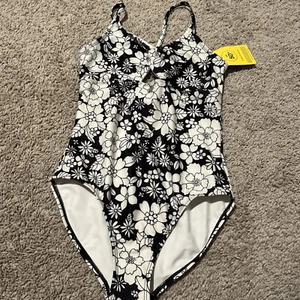 NWT Gap Kids Girls One Piece Swimsuit Black/White Floral Size XL - Picture 1 of 7
