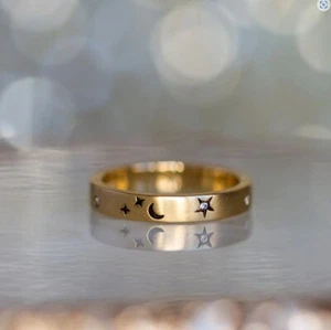 Unique Crescent Star Band, Diamond Celestial Men, Women Band Ring Solid 14k Gold - Picture 1 of 6