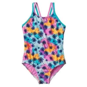 NEW GIRLS SIZE XS 5/6 SPEEDO ONE PIECE SWIMSUIT SUIT PALM TREES BLUE & PINK - Picture 1 of 4