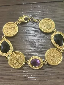 B Italy Goldtone Amethyst Smokey Quartz Roman Coin 8" Bracelet - Picture 1 of 5