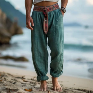 Neu Sommer Herren Retro Freizeit Lose Grün Bedruckt Strandhose Gerade Bein Hose - Bild 1 von 4