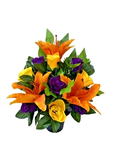 Arreglo de maceta de tumba flores de seda artificial espalda plana lirio y rosa naranja mezclado - Imagen 1 de 9