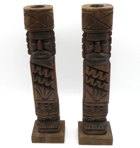 Vtg Pair Hand Carved Wooden Totem Tiki Candle Holders 12" Faces Geometric Shapes - Picture 1 of 11