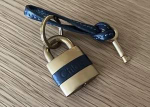 CHLOE Padlock & Key Bag Charm Gold Navy Leather Used Vintage F/S - Picture 1 of 14
