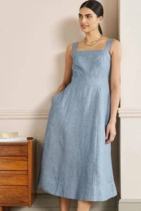 Boden Chambray Midi Dress Size 14 Pure Linen Virginie Light Blue Fit & Flare - Picture 1 of 11