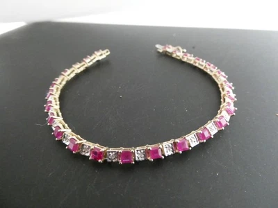 10k Yellow Gold Ruby & Moissanite Gemstone Linked Tennis Bracelet Size 7" - Image 1 of 4