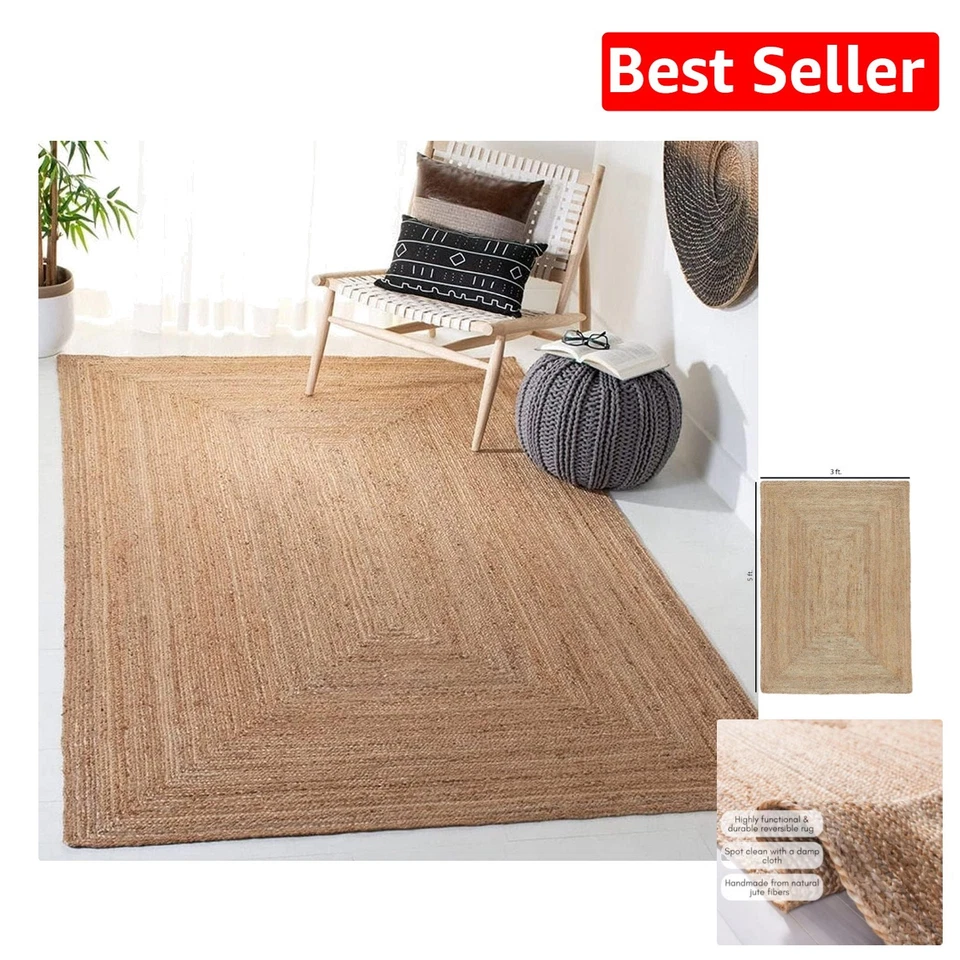 Handwoven Jute Area Rug 3x5 Feet - Vintage Beige Reversible - Rustic Charm - Image 1 of 4