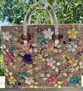 Vintage Raffia Straw Woven Handbag Tote Bag w/ Colorful Flowers - Picture 1 of 16