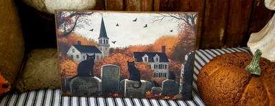 VINTAGE OLD FOLK PRIMITIVE STYLE HALLOWEEN BLACK CAT CEMENTERY TOWN WOOD SIGN - Image 1 of 4