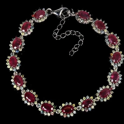 925 Sterling Silver Bracelet Oval Ruby 6x4mm Sapphire Diamond Cut Gemstone 8in - Image 1 of 4