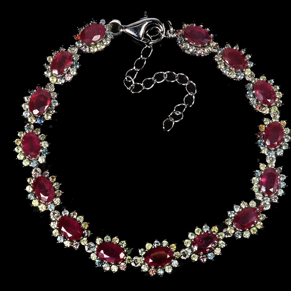 925 Sterling Silver Bracelet Oval Ruby 6x4mm Sapphire Diamond Cut Gemstone - Image 1 of 4