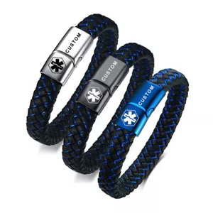 Braided Leather Medical Alert Men Bracelet Cuff Bangle Free Personalized Engrave - Picture 1 of 11