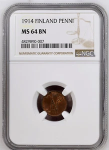 Russia Russian Finland Nicholas II 1 Penni 1914 NGC Certified MS 64 BN UNC - Picture 1 of 3