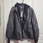 Kenneth Cole Reaction Solid Black Leather Jacket W/Zip Out Hooded Bib Mens XL C1