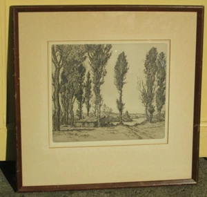 1920 era Etching - Cabin, Trees, Lake - Framed - Picture 1 of 6