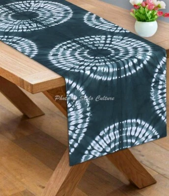 Decorative Cotton Table Runner Shibori Green Circles Long Tie Dye Table Cover - Image 1 of 4