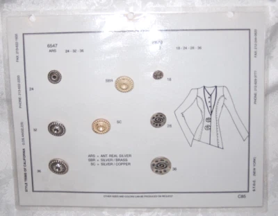 Tarjeta de muestra de vendedor de botones C85 de Style Trims of California 8 botones Foto 1 de 4