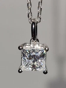 925 18K WHITE GOLD PRINCESS SOLITAIRE MOISSANITE DVVS1 NECKLACE PENDANT - Picture 1 of 6