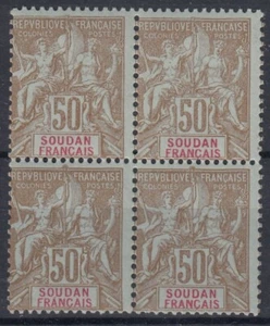 SOUDAN : RARE BLOC DE 4 DU 50c BISTRE N° 19 NEUF ** GOMME SANS CHARNIERE - Picture 1 of 2