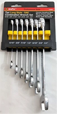 NUEVO~ AMPRO T40091 7 piezas SAE Juego de llaves combinadas estilo largo SAE 5/16”-3/4” Foto 1 de 4