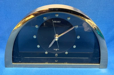 Vintage Seiko Half Moon Gold Tone Black Dial Mantle Clock TESTED WORKING QQZ137G - Image 1 of 4