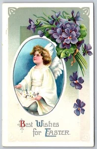 Clapsaddle Easter~Angel~Flowers In Lap In Silver-Lined Oval~Violets~Emboss~c1910 - Picture 1 of 2