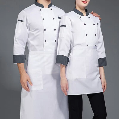 Mens Unisex Double-Breasted Chef Coat Contrast Color Stand Collar Uniform - Image 1 of 4