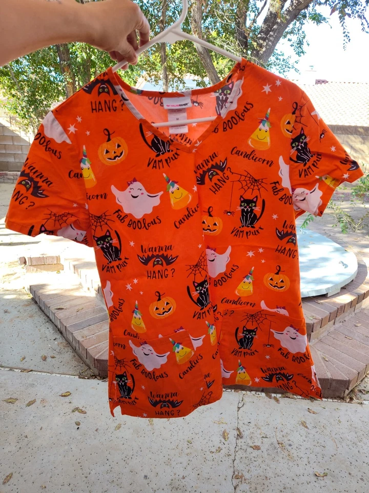 Camisa Exfoliante Para Mujer Naranja Fabuloso Halloween Medical Calzoncillo Fantasma y Gato Talla M Foto 1 de 4