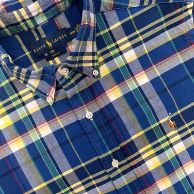 Camisa Ralph Lauren Para Hombres Mediana A Cuadros Azul Ajustada Manga Corta Abotonada Poni Foto 1 de 4