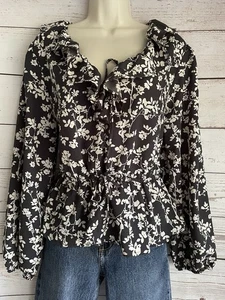 NEU Old Navy Top Gr. Large schwarz elfenbein Blumen Langarm Rüschen Ausschnitt Schößchen - Bild 1 von 10