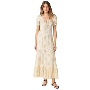 ME 2 Magic Women's Off-White Gold Metallic Paisley Boho Tiered Maxi Dress Size L - Picture 1 of 11