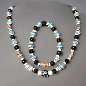 23in Tribal Necklace, African Krobo, 8in Bracelet, Vintage Sandcast Krobo - Picture 1 of 12