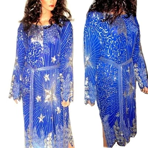VTG. Magical Spider Web + Stars Blue SILK Sequin Beaded Gown Evening Dress NWOT - Picture 1 of 11