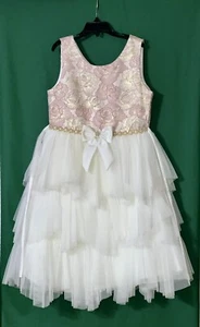 NWT Couture Princess Girl 12 Y Pink Gold Flower Girl Tiered Tulle Dress Wedding - Picture 1 of 12