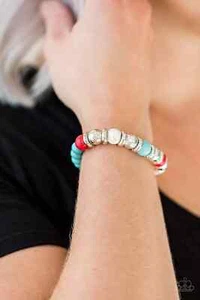 Paparazzi "Across The Mesa"Earthy Turquoise, Red & White Beaded Stretch Bracelet - Picture 1 of 2