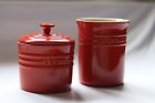 le crueset set of crockery in stunning red stoneware pot and utensil holder