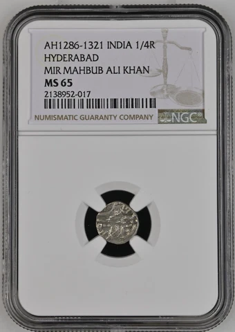 India HYDERABAD AH1286/1321 INDIA MIR MAHBUB ALI KHAN 1/4 Rupee NGC MS65 Top Pop Cover
