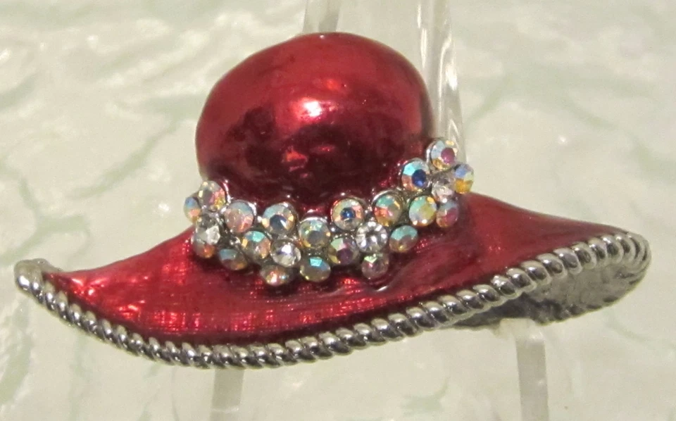 SOMBRERO BROCHE MUJER ESMALTE ROJO PLATA CRISTALES TRANSPARENTES MODA 1506B Foto 1 de 2