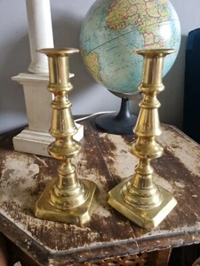 ANTIQUE PAIR SOLID BRASS ENGLISH 9" TABLE CANDLESTICKS - Picture 1 of 12