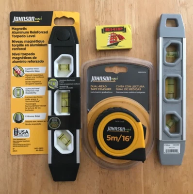 Johnson 5m Measure Tape + 2X Magnetic Aluminum Torpedo  Levels 9"/23cm - Image 1 of 4