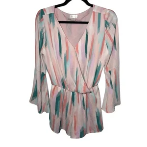 Decree Pink and Teal Geometric Romper flare sleeve size M - Picture 1 of 5